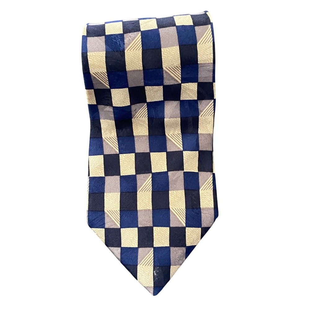 Raphael Roma Milano Mens Silk Tie Navy Blue Grey‎ Geometric Checkerboard